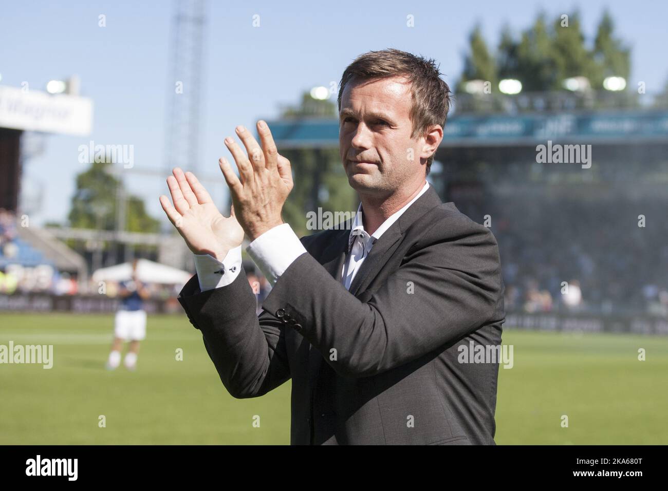 Outgoing manager of Stromsgodset FK and incoming manager of Scottish Premiership club Celtic Ronny Deila during farewell ceremony after half time of the match between Deila`s former club Stromsgodset and Haugesund in the Norwegian top football league in Drammen, 9 June 2014. Photo by Audun Braastad, NTB scanpix Stock Photo